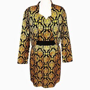 Vintage 1960s Sheath Dress and Shrug Set Black and Yellow Gold Glam Retro Size 8